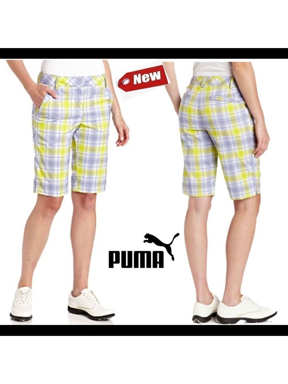 Puma golf plaid tech shorts persian violet Sz 12 NWT neon yellow purple